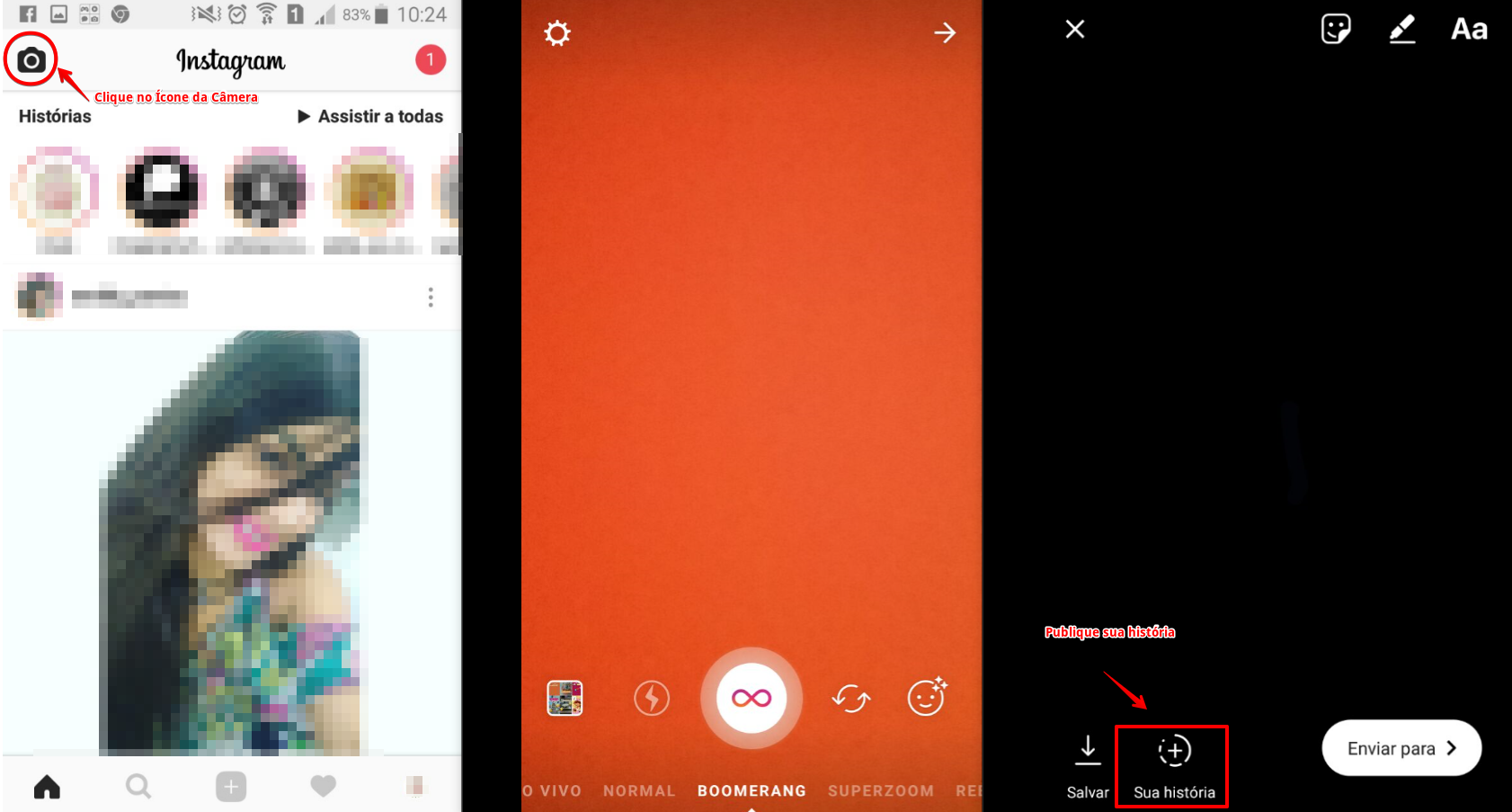 Passo 1 - Como Destacar suas Stories - Clique no ícone com um relógio no seu app